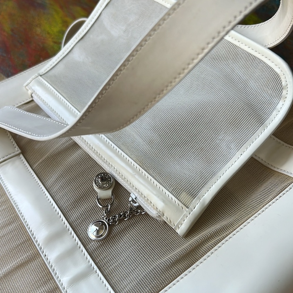 Auth. Gucci Mesh Handbag Nude Tote +pouch lightweight Nylon Leather Vintage - Picture 12 of 17